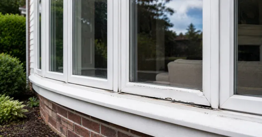 technician inspecting bow window frame and seal for damage in Tyrone