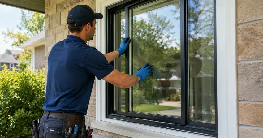technician measuring a broken window pane for replacement in Tyrone