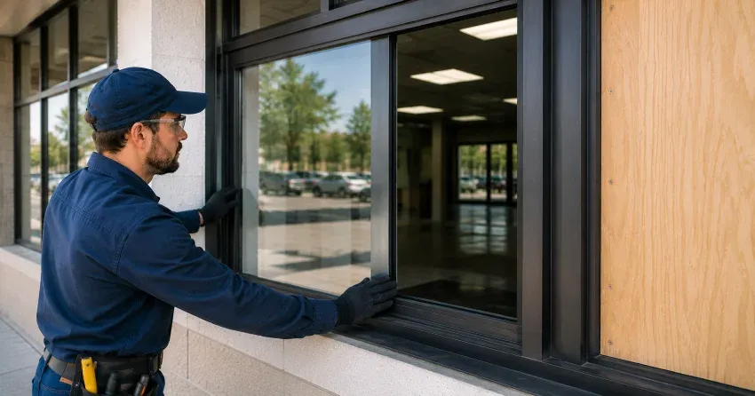 technician boarding a broken window after a break-in in Tyrone