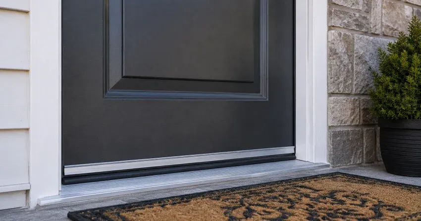 technician replacing worn door weatherstripping in Tyrone home