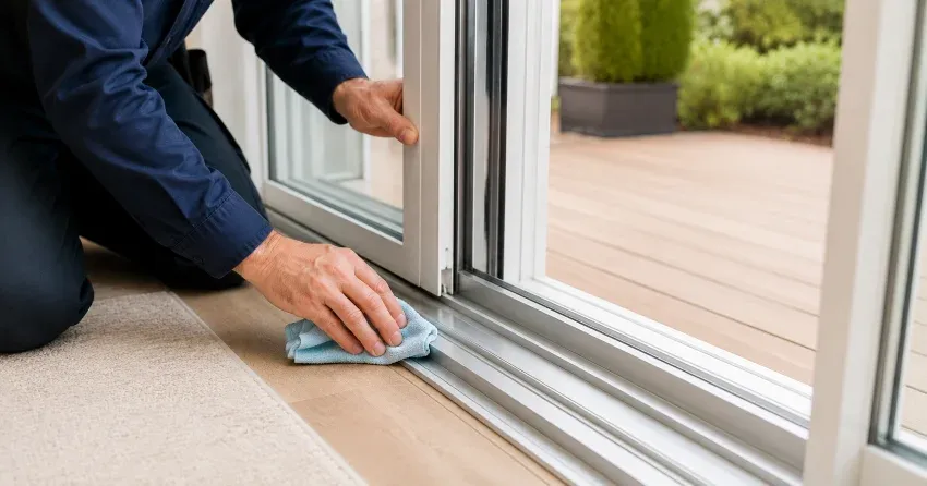 technician inspecting a sliding patio door track in Tyrone
