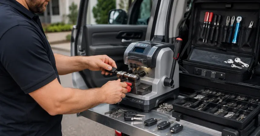 technician cutting a replacement car door lock key in Tyrone
