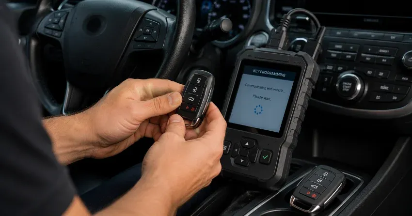 technician inspecting a worn car key before replacement in Tyrone