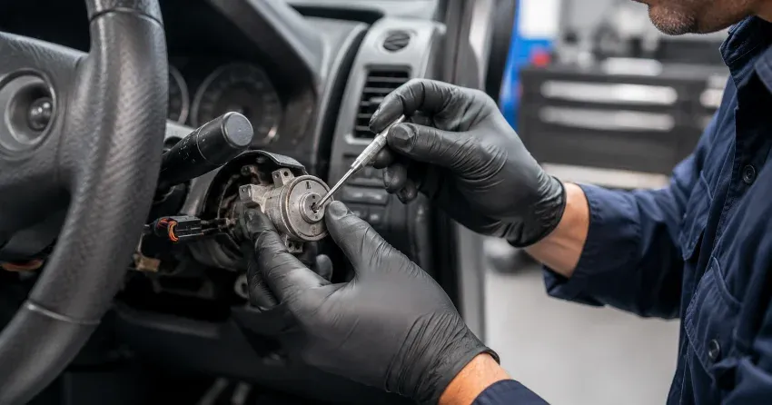technician diagnosing an ignition lock repair issue in Tyrone