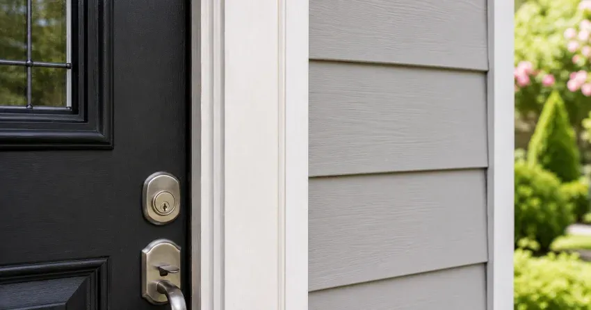 technician inspecting door jamb behind cracked casing in Tyrone home