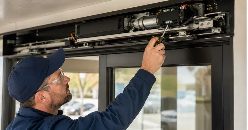 technician completing automatic door repair on residential property in Tyrone