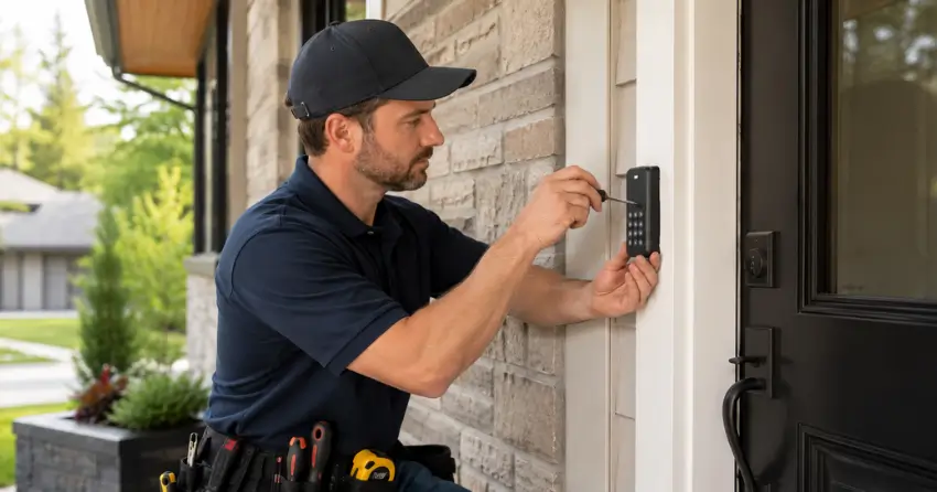 Technician installing an access control system keypad beside a residential front door in Tyrone