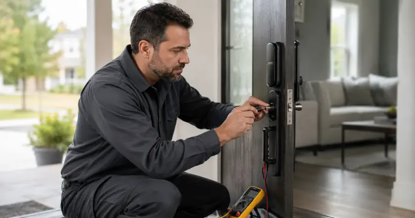 technician diagnosing automatic door lock mechanism on residential door in Tyrone