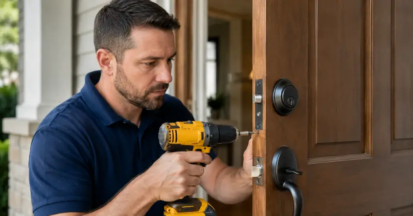 technician installing a new deadbolt during Change Door Lock Tyrone service