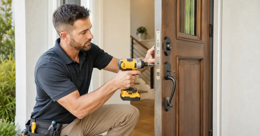 locksmith installing new deadbolt lock on front door in Tyrone