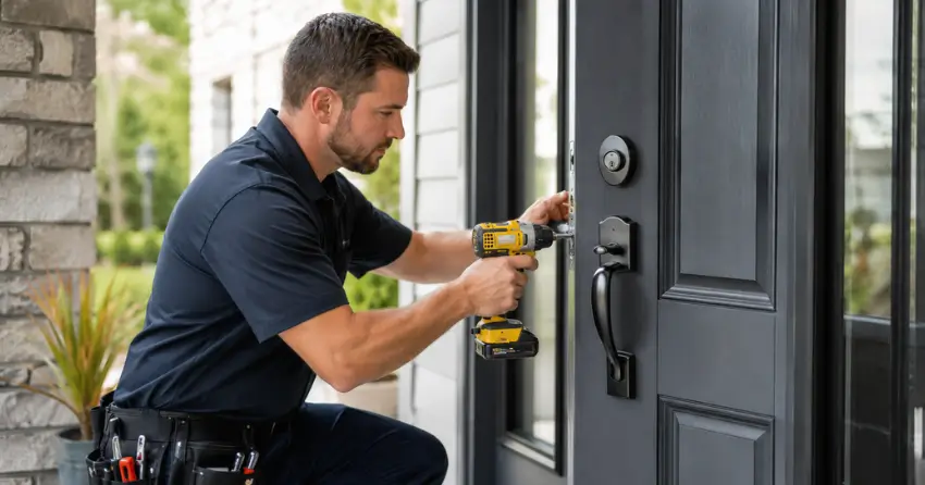 locksmith installing deadbolt lock on exterior door in Tyrone