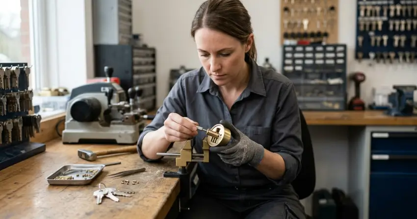 locksmith technician rekeying a deadbolt in Tyrone