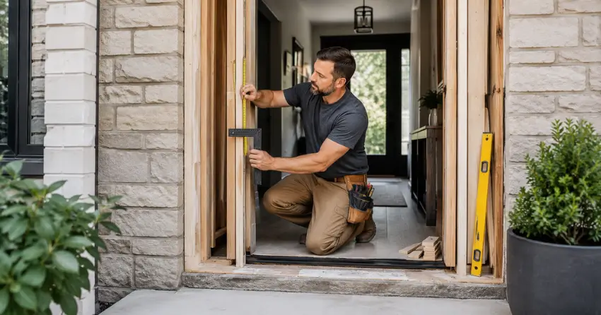 exterior door installer assessing rough opening in Tyrone