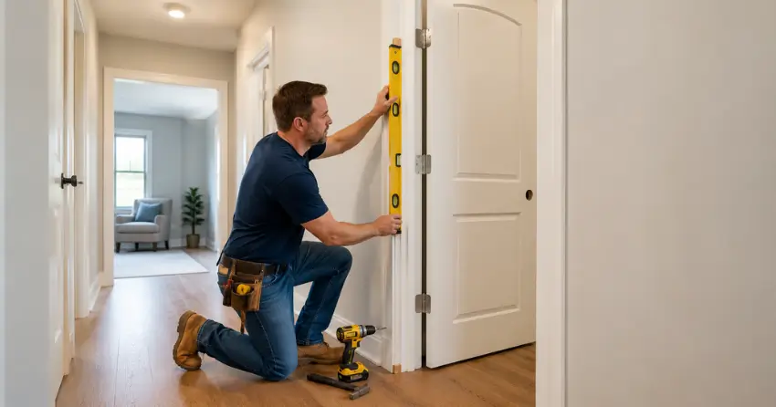technician installing a pre-hung interior door in a home hallway Tyrone