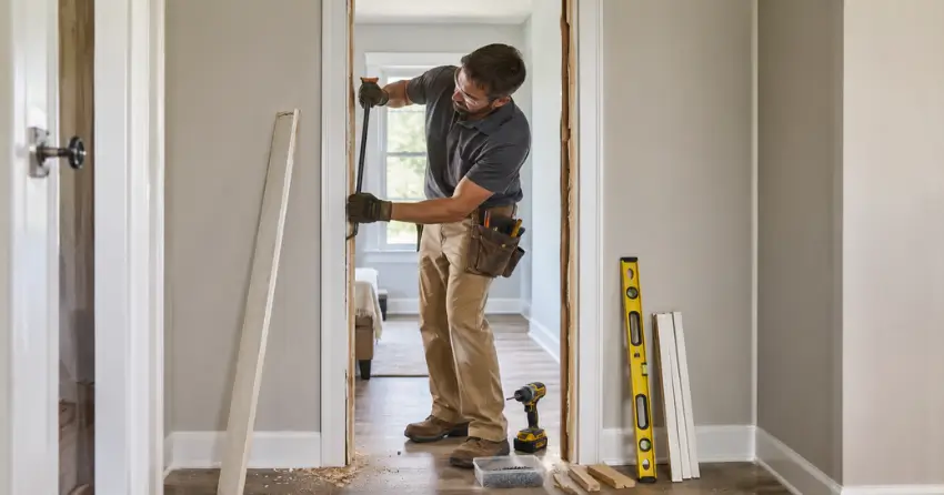technician removing an old interior door frame during installation Tyrone