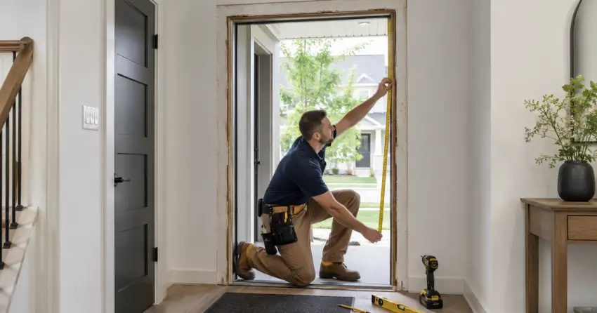 technician measuring a door frame before new door installation in Tyrone