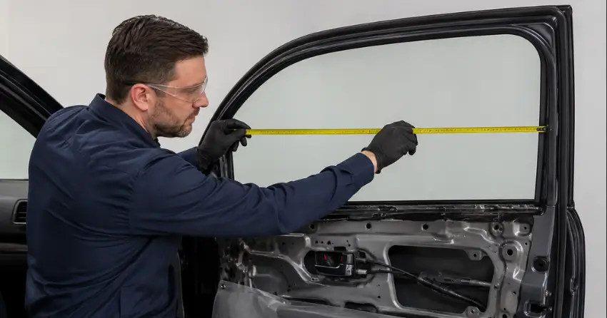 technician measuring door glass opening for replacement in Tyrone