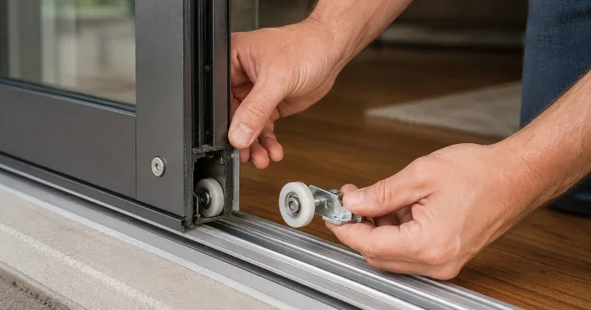 sliding door alignment Tyrone technician adjusting roller track