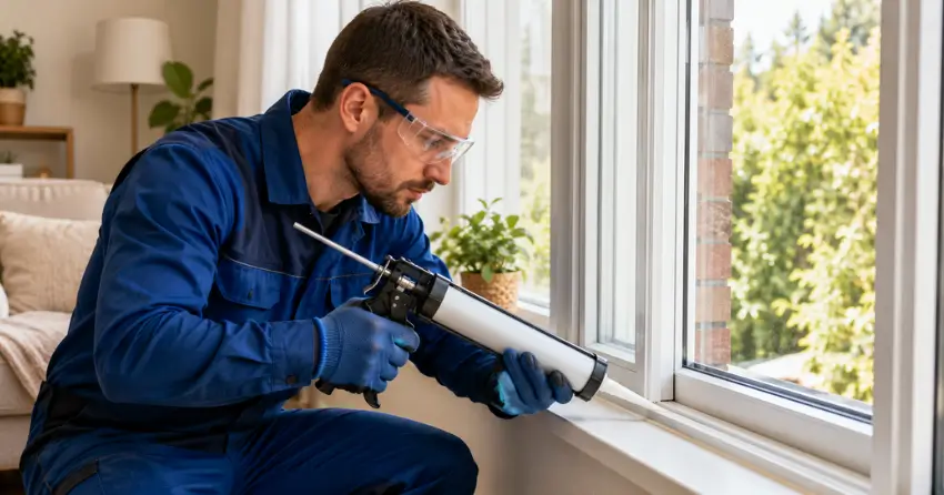 technician repairing window seal and frame in Tyrone