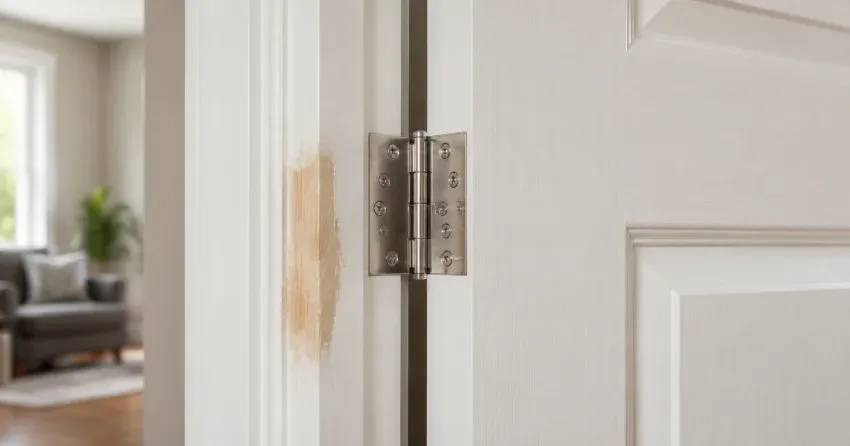 technician checking a warped door against a straightedge in Tyrone