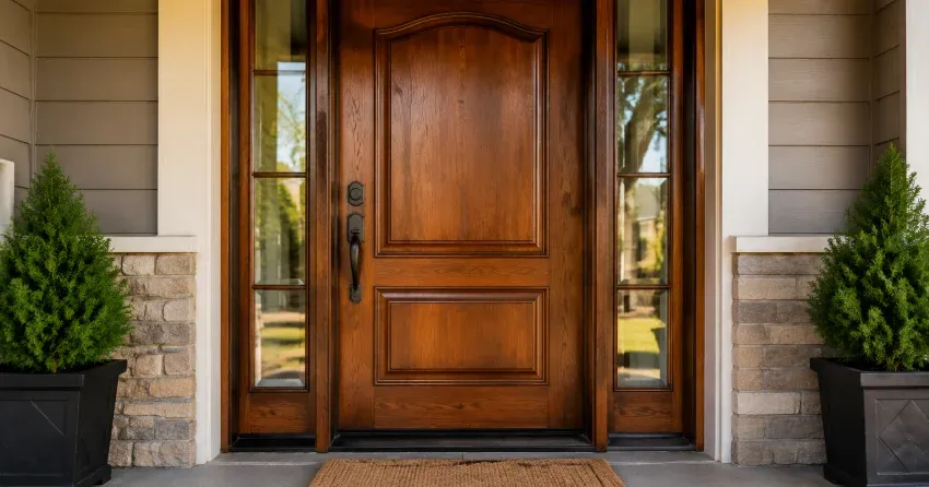 wood door mid-restoration showing stripped bare wood in Tyrone