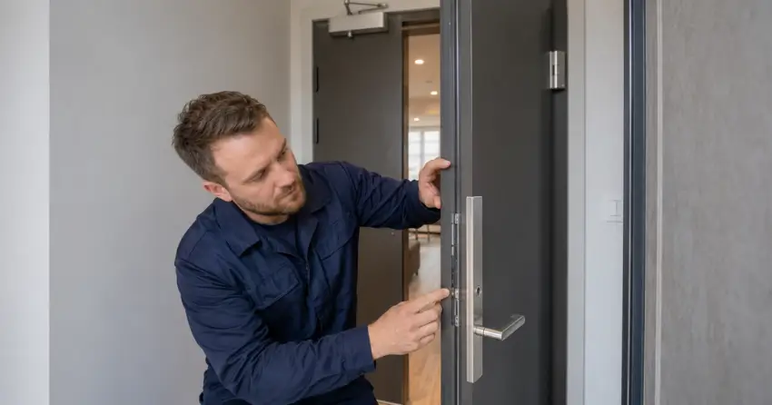 technician inspecting fire-rated door seal and hardware in Tyrone