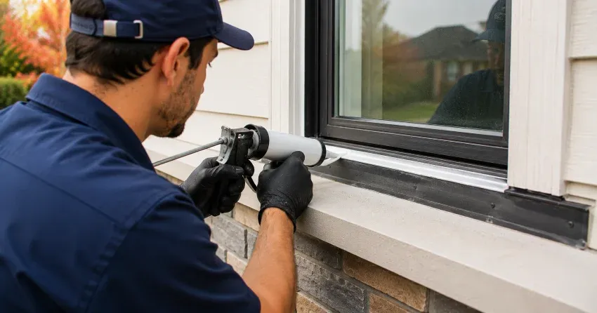 technician inspecting window flashing for leak source in Tyrone